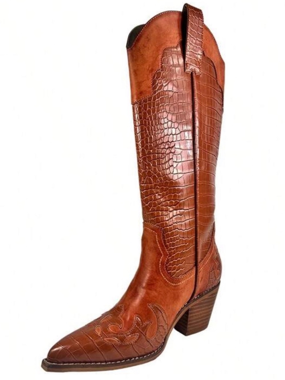 Women's Western Knee-High Vegan Leather Boot in Cognac